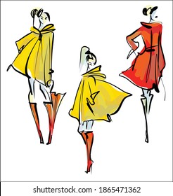 
VECTOR set fashion handmade Background with the beautiful young   woman in raincoat for design 