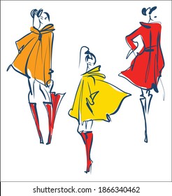
VECTOR set fashion handmade Background with the beautiful young   woman in raincoat for design 