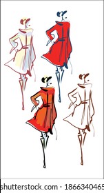 
VECTOR set fashion handmade Background with the beautiful young   woman in raincoat for design 