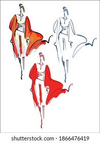 
VECTOR set fashion handmade Background with the beautiful young   woman in raincoat for design 