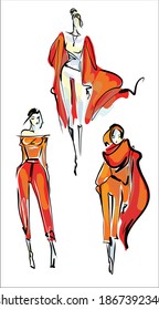 
VECTOR set moda hecha a mano Fondo con la bella joven   mujer en impermeable para el diseño 