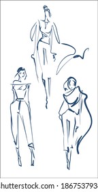 
VECTOR set moda hecha a mano Fondo con la bella joven   mujer en impermeable para el diseño 