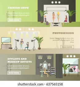 Vector set of fashion horizontal banners. Fashion show, Photosession and Stylists and makeup artists design elements in flat style