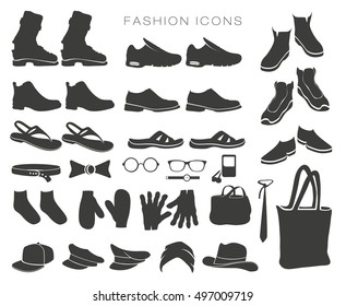 vector set of fashion icons and items of clothing silhouettes accessories