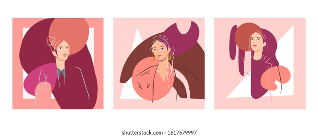 Vector set of fashion illustrations in minimalistic modern style. Female portraits and abstract shapes in trendy colors. Design template for prints, t-shirts, social media, logos and postcards.