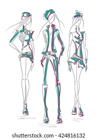 Vector set fashion model. Vector sketch silhouette. Vector collection of clothing. Vector fashion outline.  Vector fashion girls.