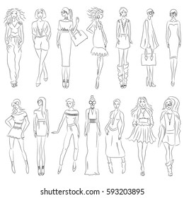 Vector set of fashion models. Free hand sketch. EPS 10