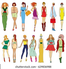 Vector set of fashion models. Free hand sketch. EPS 10