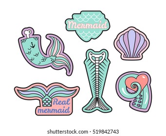 Vector set of fashion patches or badges isolated on white. Mermaids theme: tail, skeleton, shell and tentacle.