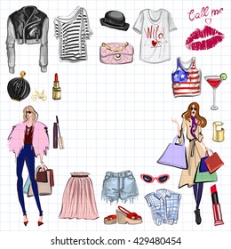 Vector set with fashion and perfume elements Digital watercolor