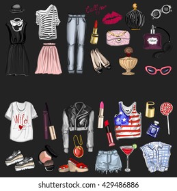 Vector set with fashion and perfume elements Digital watercolor