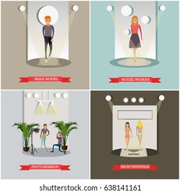 Vector set of fashion posters. Male model, Model woman, Photosession and Show swimwear design elements in flat style.