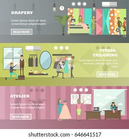 Vector set of fashion salon, sewing workshop horizontal banners. Drapery, Studio tailoring and Atelier flat style design elements.
