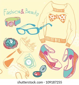 vector set of fashion shoes, cloth and accessories