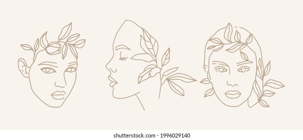 Vector set. Fashion sketch in  minimalist style, linear drawing. Faces of girls and plants, ornaments from leaves. Profile, full face. Elements for logo design. Organic care products, beauty industry.