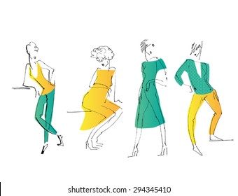 Vector set, the fashion sketches, women in different poses. 