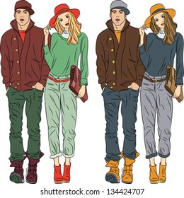 Vector set fashion stylish guy and girl in spring clothes in two colors