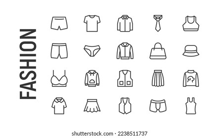 Vector set of fashion thin line icons. Design of 20 stroke pictograms. Signs of fashion isolated on a white background.