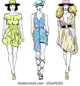 Vector set fashion top models in summer dresses and hats. 