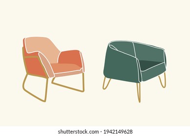 Vector set of fashionable chairs. Stylish and comfortable Scandinavian chairs with gold legs. A set of simple furniture elements for the interior decor of the cafe. Vector illustration