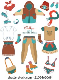 Vector ambientado con ropa y accesorios de moda en un fondo separado. Colores de tendencia. Camisetas, zapatos elegantes y una bolsa.