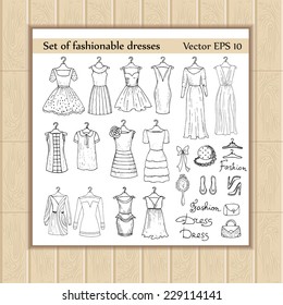 Vector set of fashionable dresses and accessories. Sketches of dresses ana accessories for use in design