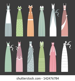 Vector set of fashionable elegant retro dresses including wedding dress, party dress, maid dress.