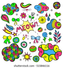 Vector set of fashionable patches elements like heart, flower, drop, cloud, leaf, star, sun. Vector hand drawn cute and funny stikers kit. Modern doodle pop art sketch badges and pins
