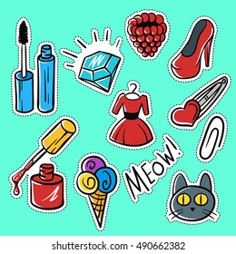 Vector set of fashionable patches:brilliant, raspberries, cat, shoes . Modern doodle pop art sketch pins and badges. Hand drawn cute and funny fashion stickers kit. Isolated on green background.