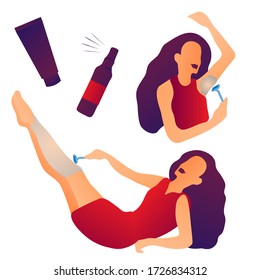 Vector set of fashionable stylish young smiling woman doing epilation by herself. Stay home girl removing hair legs armpit isolated on white. Cosmetic bottle spray. Shaving body smooth skin with rezor