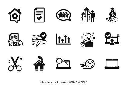 Vector set of Fast delivery, Work home and Employee results icons simple set. Home, Notebook and Upper arrows icons. Stars, Creative idea and Scissors signs. Fast delivery simple web symbol. Vector