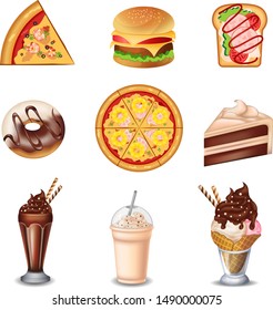 Vector set of fast food. Burger, pizza, ice cream, donut, cupcakes, milk shake.