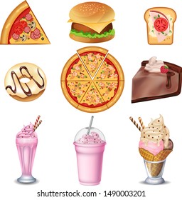 Vector set of fast food. Burger, pizza, ice cream, donut,  milk shake.