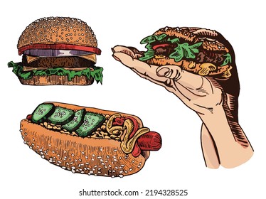 Vector set of fast food. Burgers and hot dog isolated on white