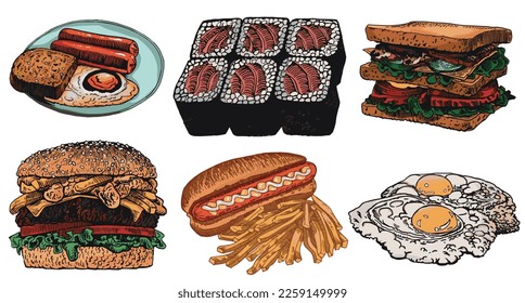 Vector  set of fast food  and cafe products on white isolated, junk food elements. Take away food