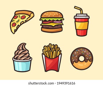 Vector set of fast food cartoon illustration. Fast food collection vector image.