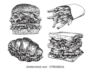 Vector set of fast food elements isolated on white, graphical illustration