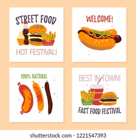 Vector set of fast food festival poster, placard, banner, advertising, flayer, card, sticker with burger, hot dog, sausage, fries, soda, ice cream illustration template. Hand drawn sketch style. 