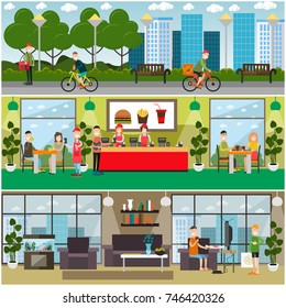 Vector set of fast food flat posters, banners with restaurant interior, professional staff and visitors, messengers delivering food by bike and by foot, people eating takeaway pizza at home.