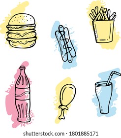 vector set of fast food hamburger, hotdog, soda with colored spots hand drawn