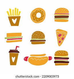 Vector set of fast food. Hamburger, pizza, coffee and other fast food drawn in a doodle style.