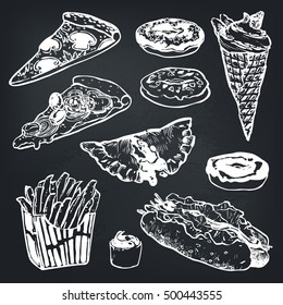 Vector Set of fast food. Hamburger, donut, ice cream, hot dog, french fries, pizza. Illustration for menus, recipes and packages product