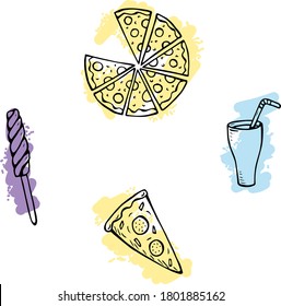 vector set of fast food hand drawn with color spots pizza with slice and soda with sweets