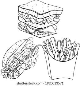 Conjunto de vectores. Ilustración hecha a mano de comida rápida. Ilustración en blanco y negro de la comida rápida.