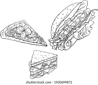 Vector set. Fast food hand drawn. Black and white illustration of fast food.