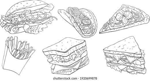 Vector set. Fast food hand drawn. Black and white illustration of fast food.