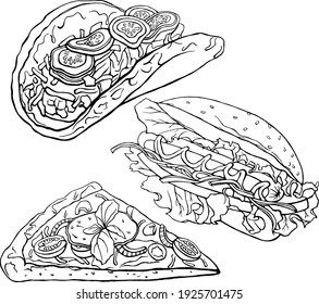 Conjunto de vectores. Ilustración hecha a mano de comida rápida. Ilustración en blanco y negro de la comida rápida.