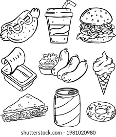 Vector set of fast food hand drawn illustration, with burger, hot dog, pizza, sandwich, hamburger, soda cup, ice cream, French fries, coffee cup, taco, cupcake, croissant, isolated on white.