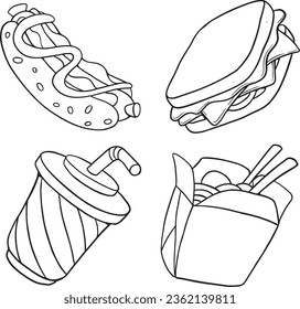 Vector set. Fast food hand drawn illustration - Sandwich, Hot dog cup - Black and white illustration of fast food. Black line vector