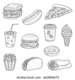 Vector set of fast food hand drawn illustration, with burger, hot dog, sandwich, hamburger, wrap sandwich, soda cup, ice cream, pizza, French fries, donut, coffee cup, taco isolated on white.